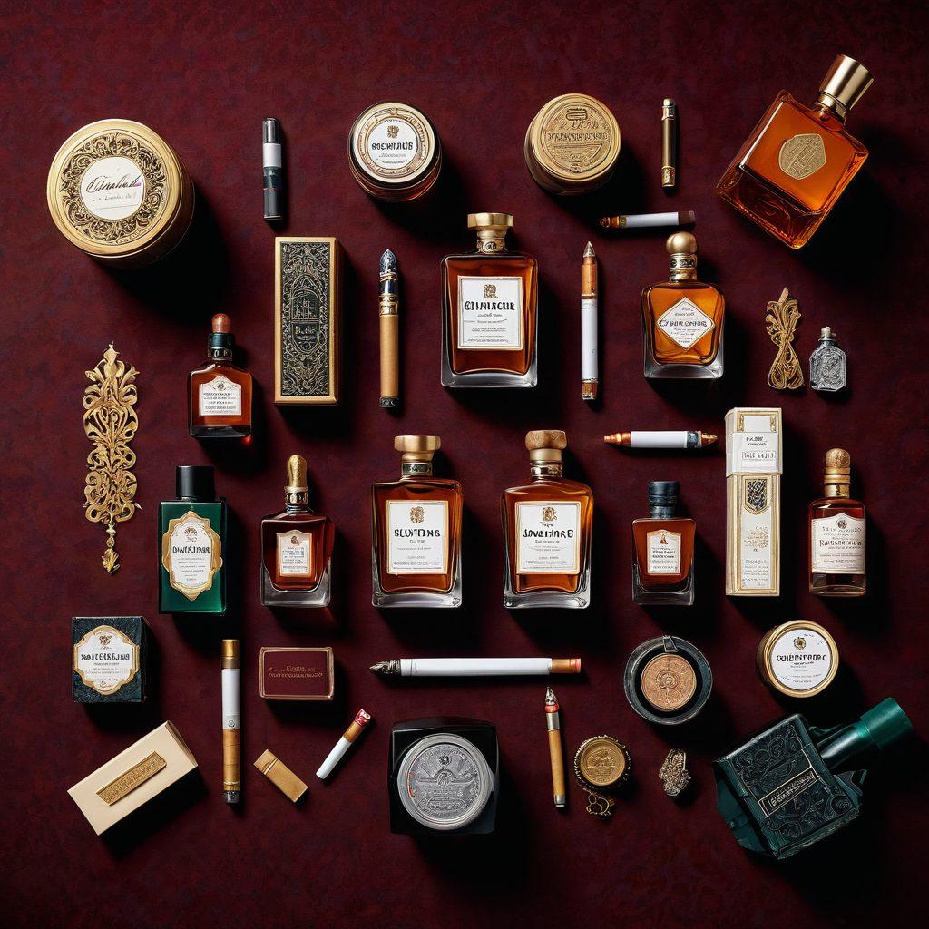 An elegant flat lay of various luxurious cigarette brands, showcasing exquisite packaging, opulent colors, and textures. Include a plush velvet backdrop, a vintage lighter with intricate designs, and a glass of fine whiskey beside the cigarettes, evoking a sense of quality and comfort. Soft, warm lighting enhances the luxurious feel. super-realistic. rich textures. warm tones.