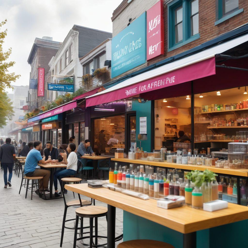 A vibrant cityscape with a modern café featuring a diverse group of people, some enjoying e-cigarettes and vaping, depicted in a subtle and health-conscious manner. Include colorful e-cigarette devices prominently displayed on a table, with a smoke-free sign in the background. The atmosphere should convey a sense of community and healthier lifestyle choices. super-realistic. vibrant colors. white background.