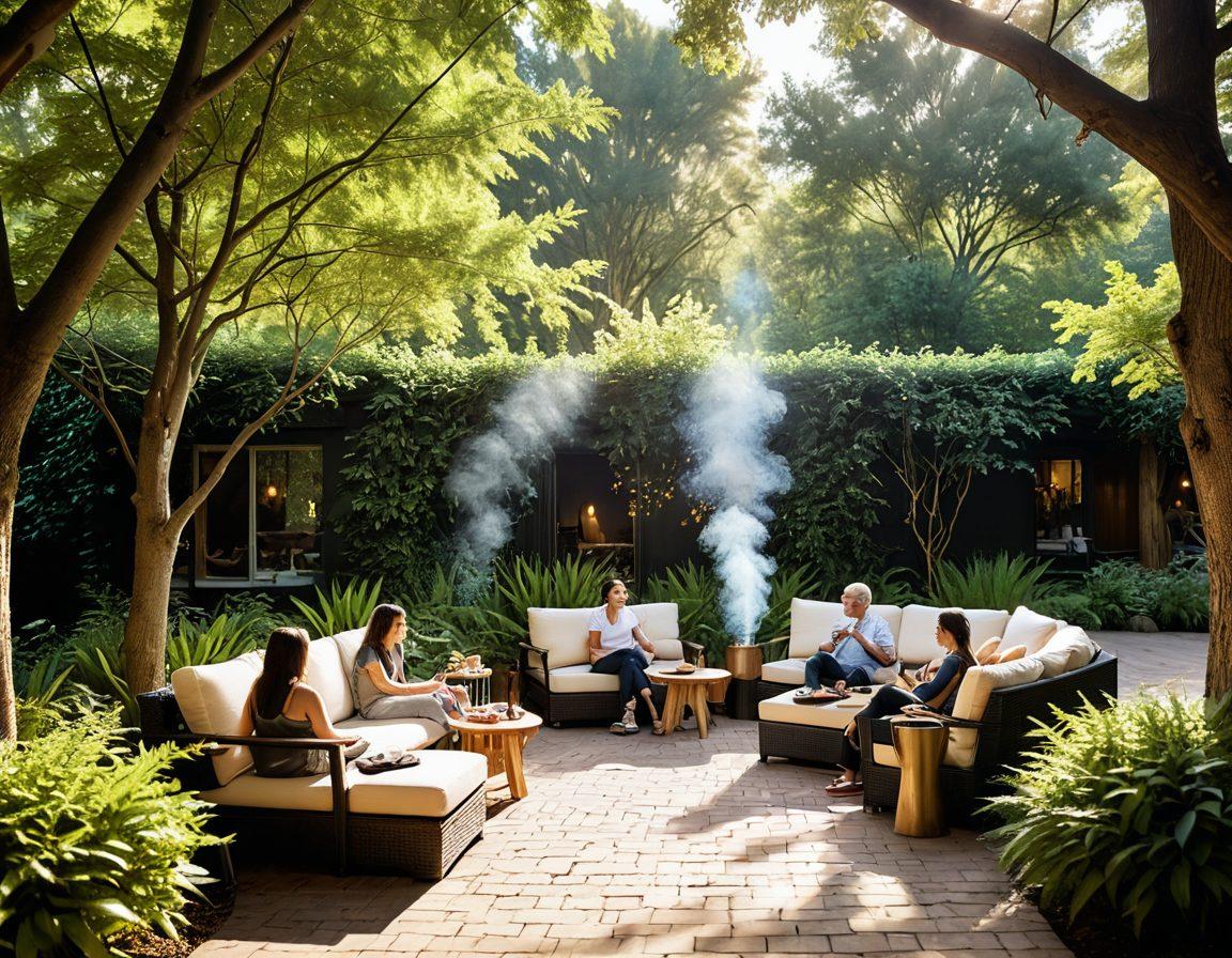 A serene outdoor setting featuring a diverse group of people enjoying various high-quality cigarette alternatives, such as herbal cigarettes and vape pens, with soft sunlight filtering through trees. Showcase an inviting atmosphere with cozy seating areas and lush greenery, emphasizing comfort and relaxation. Include subtle details like smoke wisps and product packaging that reflect quality. naturalistic style. warm colors. soft focus.